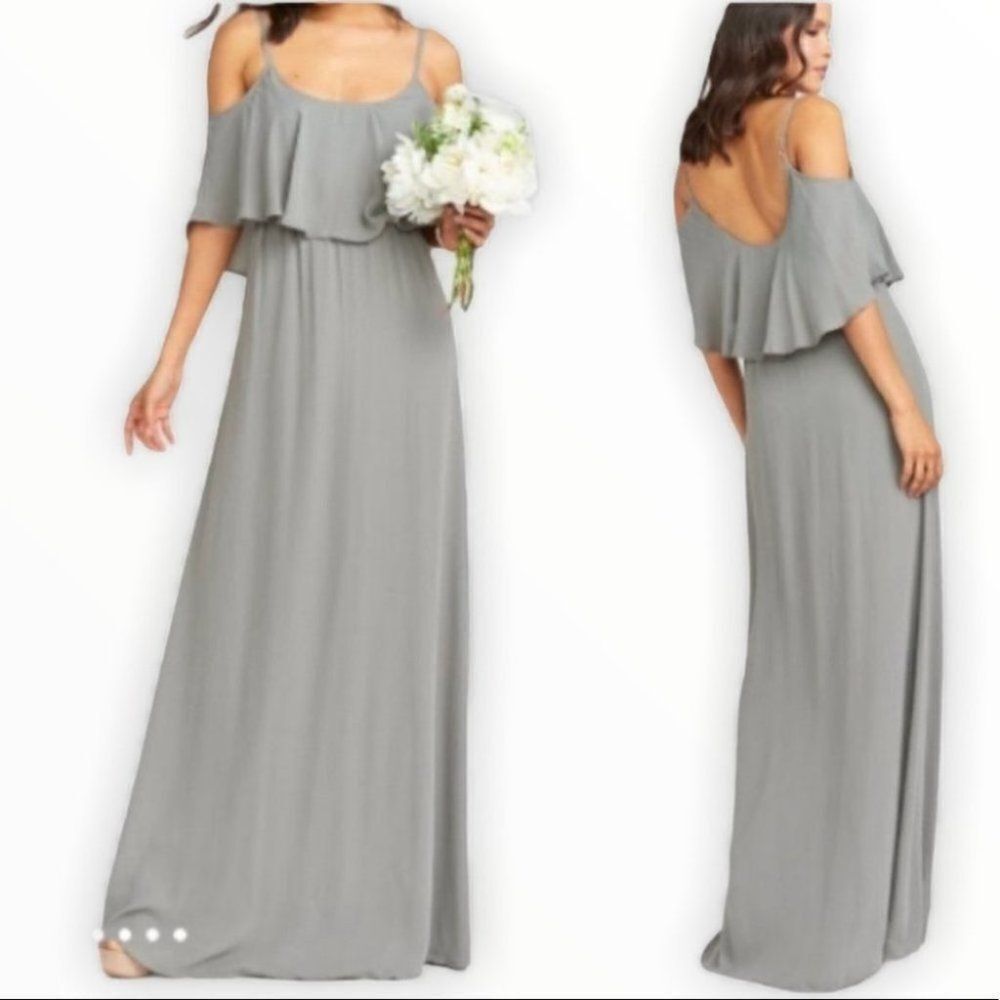 New Show Me Your MuMu Caitlin Ruffle Formal Bridesmaid Maxi Dress Gray Medium